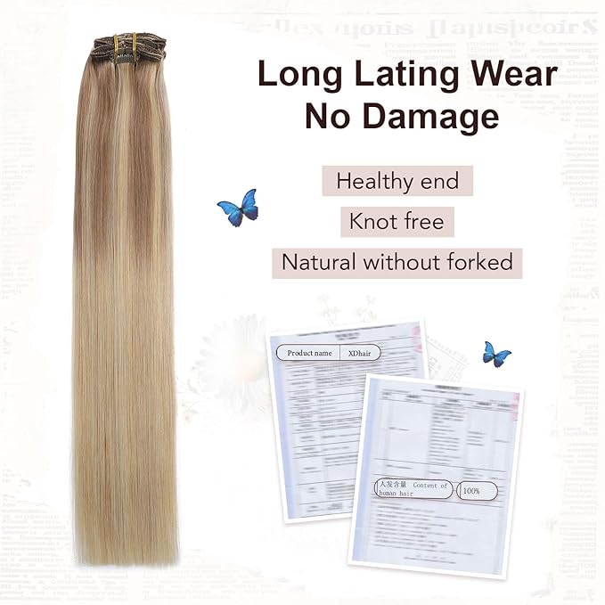 XDhair Clip in Hair Extensions 100g 16 Inch Balayage Hair Extensions Clip in Human Hair Golden Brown to Light Blonde Straight Real Human Hair Extensions Clip ins for Women 6pcs #10/27/27 16 Inch