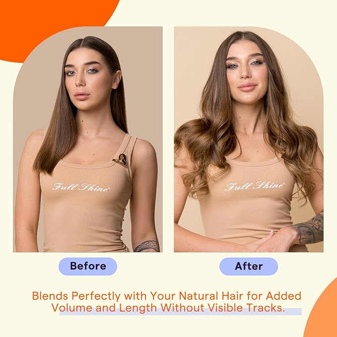 Full Shine Tape in Hair Extensions Human Hair Color 4 Medium Brown Highlight 27 Honey Blonde Fashion Invisible Double Sided Hair Extensions Tape in 20PCS Natural Straight Remy Hair 50g for Party