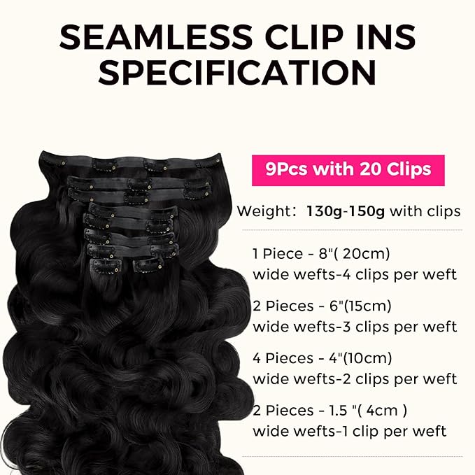 Lashey Seamless Clip in Hair Extensions Human Hair 150g 9pcs 20 Inch Body Wave #1 Jet Black Clip in Hair Extension for Women Natural Hair Extension