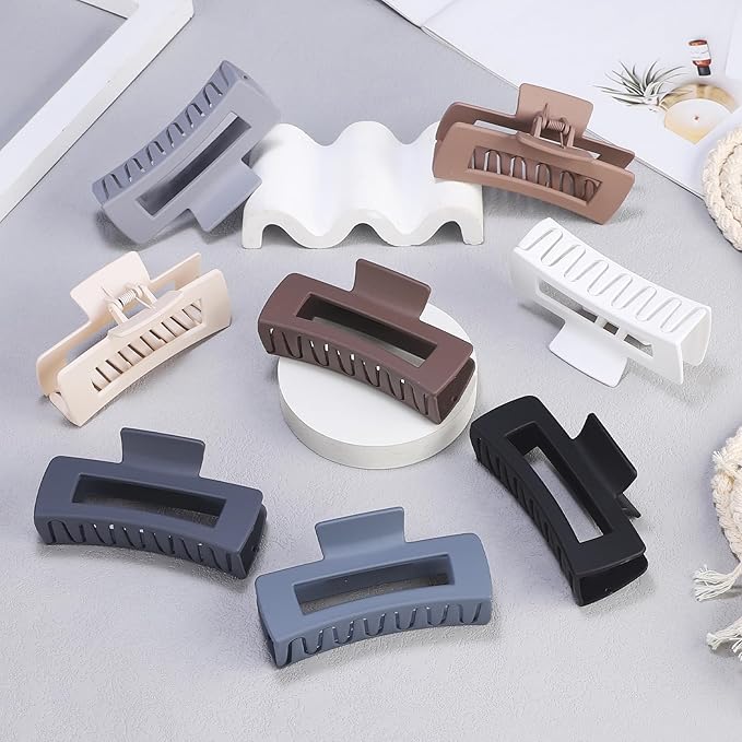 4.1 Inch Large Hair Clips 8 Pcs Square Claw Clips for Thick Hair Big Hair Claw Clips Acrylic Banana Jaw Clips Hair Accessories for Women and Girls -Grey Brown