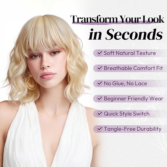 BARSDAR Light Blonde Short Wavy Wig with Bangs - Short Wavy Blonde Wigs for Women - Soft Synthetic Textured Curly French Bob Wig with Bangs Natural Looking Face-Framing Daily Party Halloween