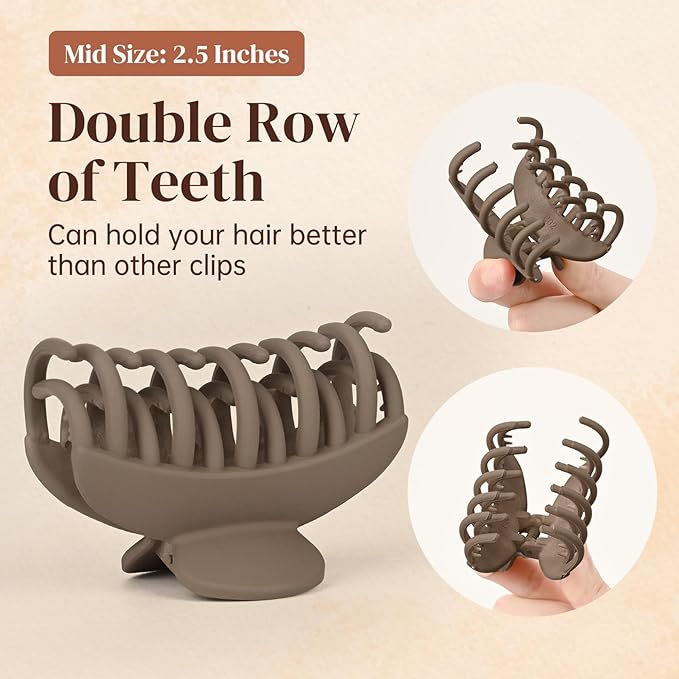 DEEKA 4 PCS 2.5 Inch Hair Claw Clips Double Row Teeth Matte Hair Jaw Clips Hair Barrettes Thick Medium Thin Hair Clips for Women (Beige,Brown,Black)