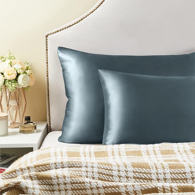BEDELITE Satin Pillowcase with Zipper 2 Pack, Space Grey Pillow Cases Standard Size, Super Soft and Cooling Similar to Silk Pillow Cases, Gift for Women Men(20x26 Inches)