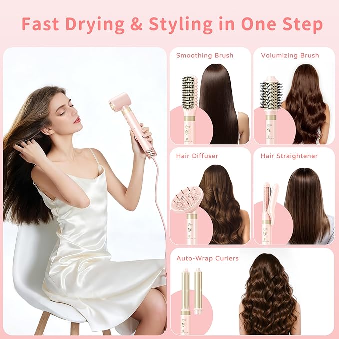 Hair Dryer Brush 8-in-1 Dual Voltage Hot Air Styler – Fast-Drying 110,000 RPM Ionic Blow Dryer with Straightener & Curler Attachments, Frizz-Free Volumizing Styler with Protective Hard Case-Pink