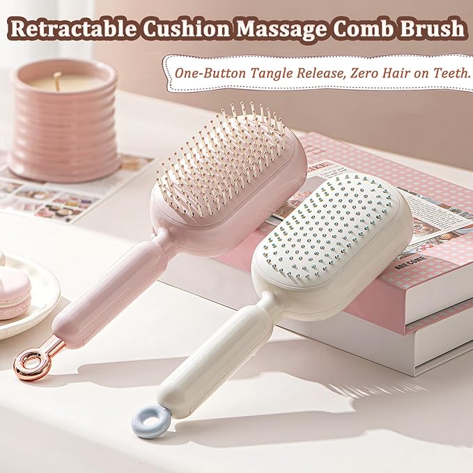 Retractable Cushion Massage Comb Brush, Pull Ring Cushion Massage Brush, Anti-Static Easy-Clean Massage Comb, Portable Travel, Smooth Clean Detangling Comb for All Hair Types(Pink)