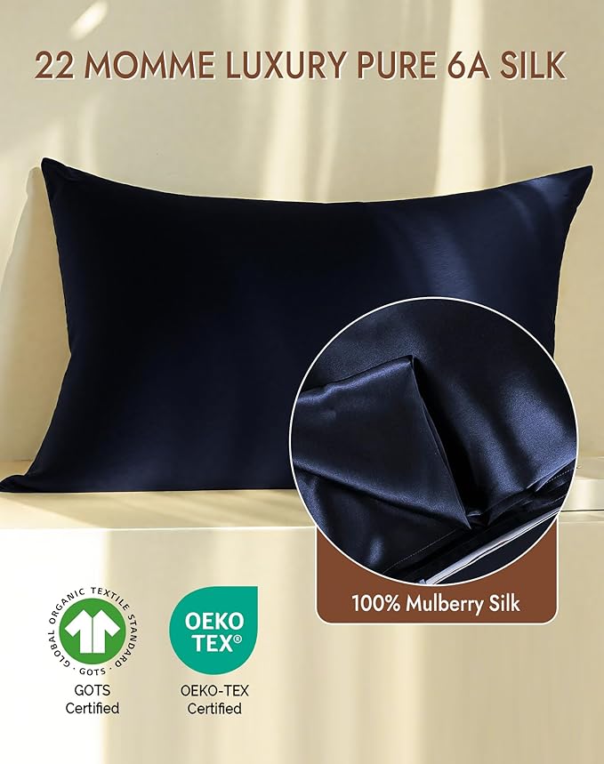 SilkSilky 100% Mulberry Silk Pillowcase - Pure 22 Momme High-Grade 6A Fibers for Hair & Skin, Envelope Closure, Natural, Organic, Breathable & Cooling Pillow Case (Queen, Dark Blue)