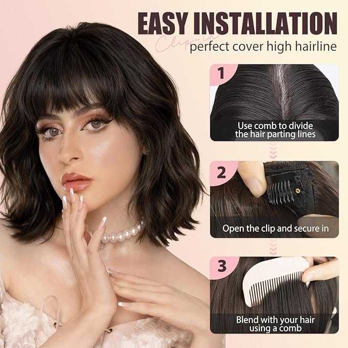 Clip in Bangs, Synthetic French Bangs Hair Clip, Ash Blonde Fake Bangs Fringe with Temples Hairpieces for Women Natural Curved Hair Extensions for Daily Wear