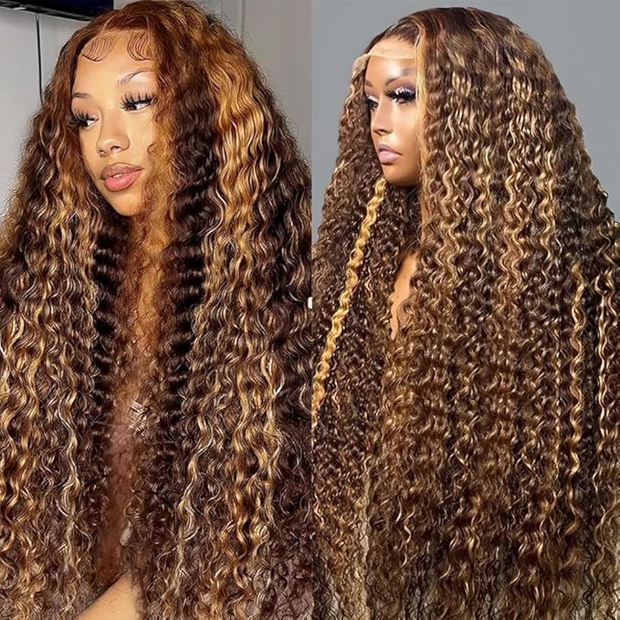 34 Inch Highlight Ombre Human Hair Wigs 13x6 HD Honey Blonde Deep Wave Lace Front Wigs Human Hair 180 Density Glueless Deep Wave 4/27 Colored Wet and Wavy Curly Wig Pre Plucked for Women