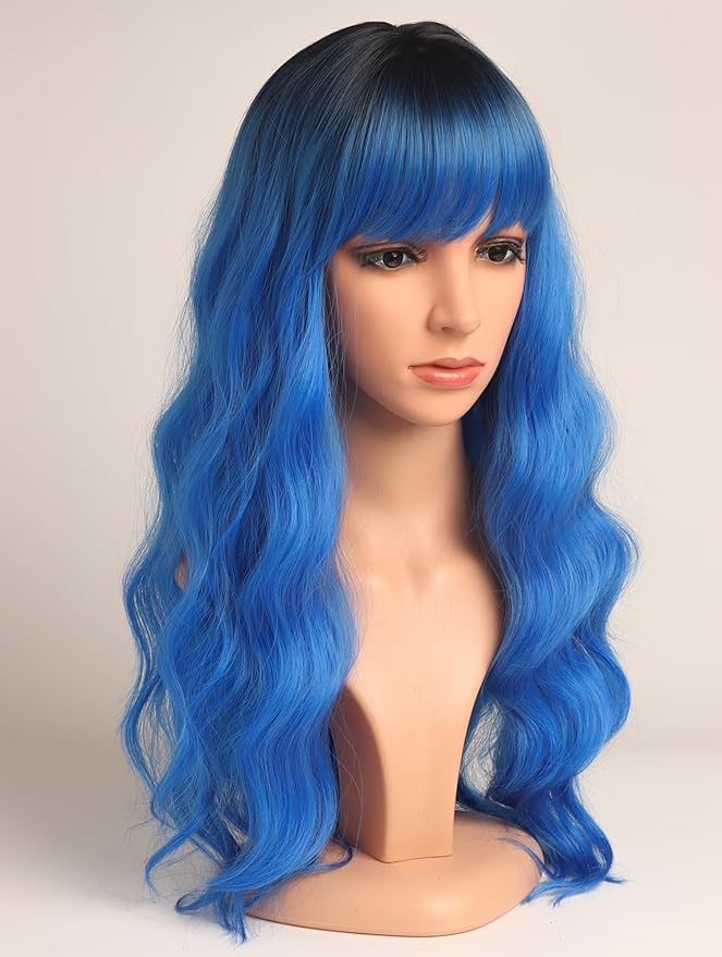 Blue Hair Wavy Wigs With Bangs For Women Synthetic Blue Wigs For Daily Use Everyday Wear.