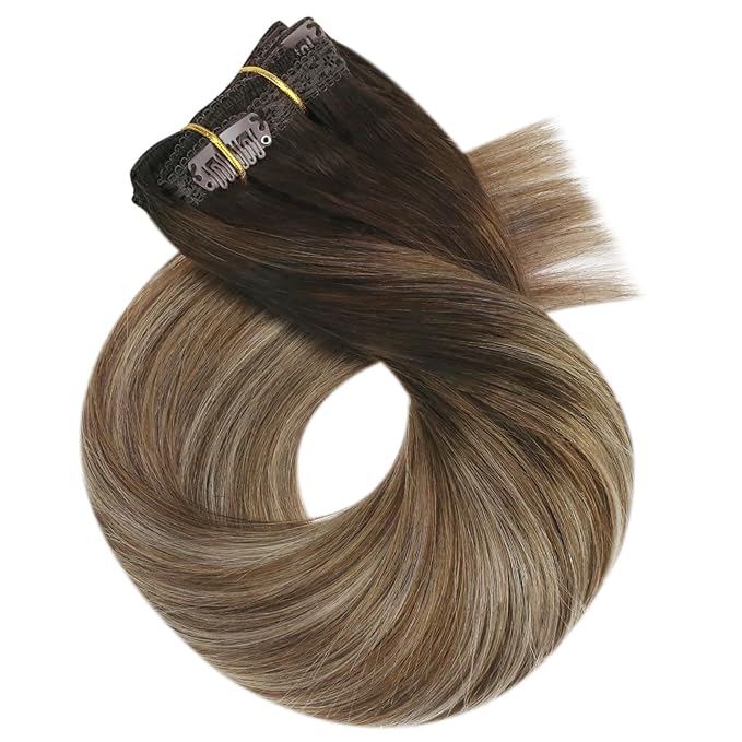 Moresoo Clip in Hair Extensions Real Human Hair for Women Long Human Hair Clip in Extensions Balayage Brown to Blonde 18 Inch Different Batches