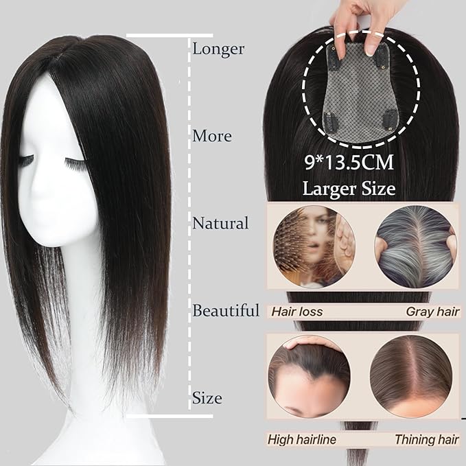 Hair Toppers for Women Real Human Hair, 360° 3D Human with Thinning Upgrade Middle Part Clip in Bangs Topper Hair Pieces for Women Daily(Medium Dark Brown, 14 Inch-3D-Side)