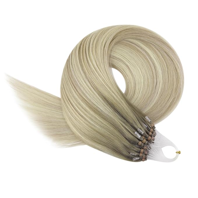 YoungSee Micro Link Hair Extensions Human Hair Blonde Ombre Microloop Hair Extensions Human Hair Blonde to Platinum Blonde Bead Hair Extensions Human Hair 16In Balayage Micro Links Hair Soft 50s/50g