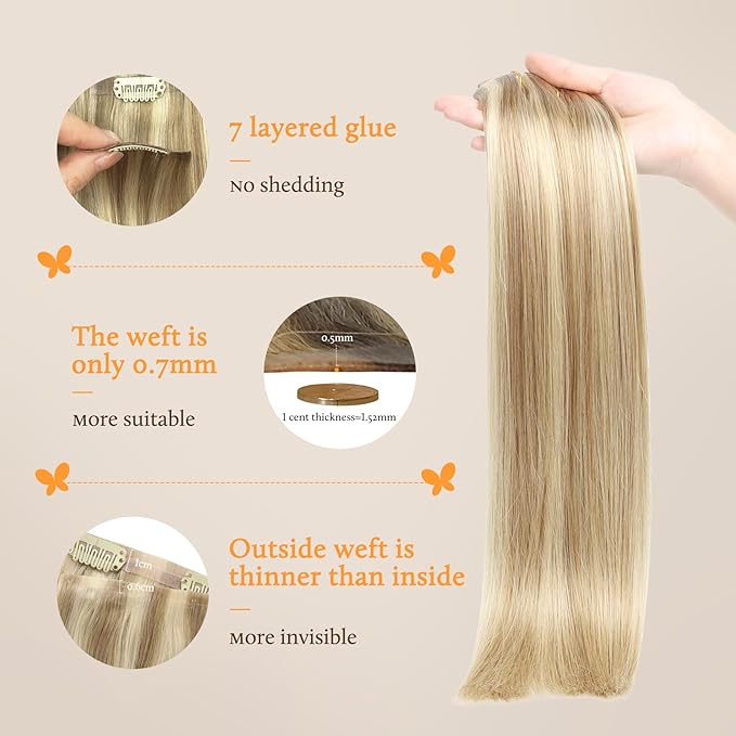 DOORES Seamless Clip-in Hair Extensions, Light Blonde Highlighted Golden Blonde 130g 9pcs 14 Inch, Invisible Edge Virgin Human Hair Extensions