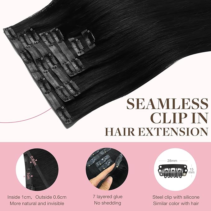 GOO GOO Clip in Hair Extensions Real Human Hair, Remy Human Hair Extensions Clip ins for Women, Natural Human Hair, 24inch 120g 7Pcs, 1 Jet black