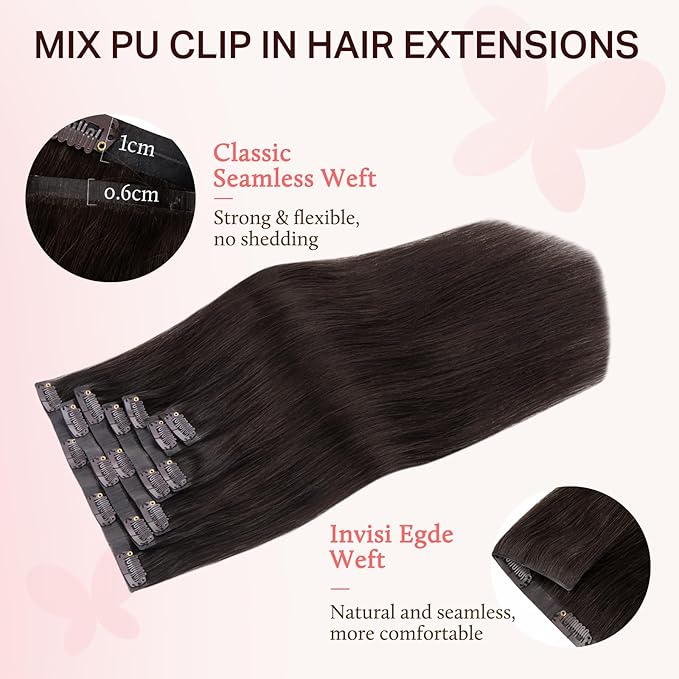 DOORES Clip in Hair Extensions Set 16 Inch 120g, 4pcs Invisi Edge Clip ins and 3pcs Classic Seamless Clip ins, Injected Virgin Real Human Hair Extensions Natural Invisible Straight, #2