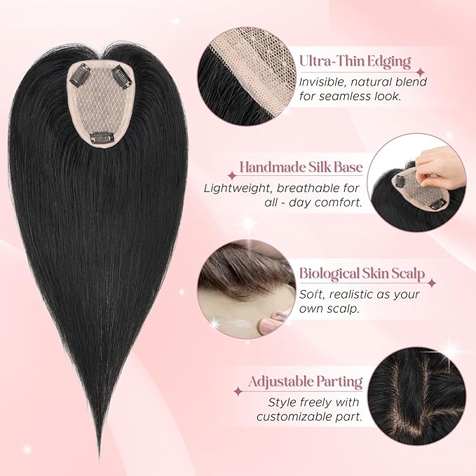 Real Human Hair Toppers for Women 3.54"*4.72" Silky Base 150% Density No Bangs Adjustable Parting Clip-In Topper Hairpieces for Women with Thinning Hair 12 Inches Dark Black