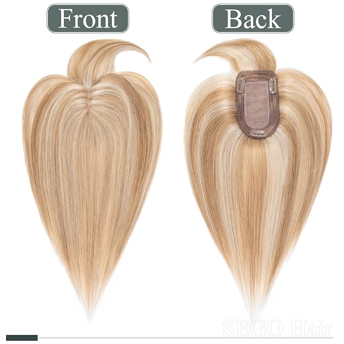 SEGO Hair Toppers for Women Real Human Hair with Thinning Hair, Toppers Hair Clip in Toppers with Front Bangs 150% Density Silk Base -6 Inch #12/613 Golden Brown Mix Bleach Blonde