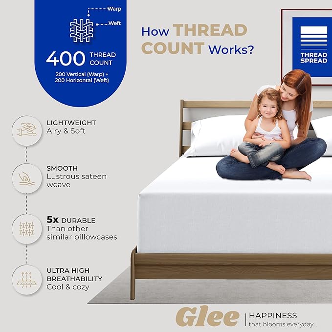 THREAD SPREAD 100% Cotton King Size Pillowcases Sets of 4-400 Thread Count Cotton Pillow Cases, Ultra Soft Cooling Sateen Weave Pillowcases, Set of 4 Pillow Covers for King Pillows - White