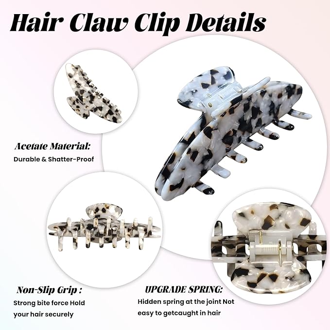French Hair Claw Clips for Women Grils,4 Inch Strong Hold No Slip Grip Accessories Acetate Material,Not Easily Damaged,Thick or Thin Hair (White & Brown)