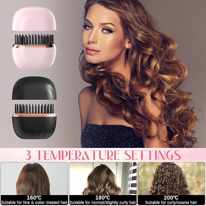 Mini Hair Straightener Brush, Wireless Rechargeable, 3-Speed Temperature Control, Portable for Home and Travel, Black (Black)