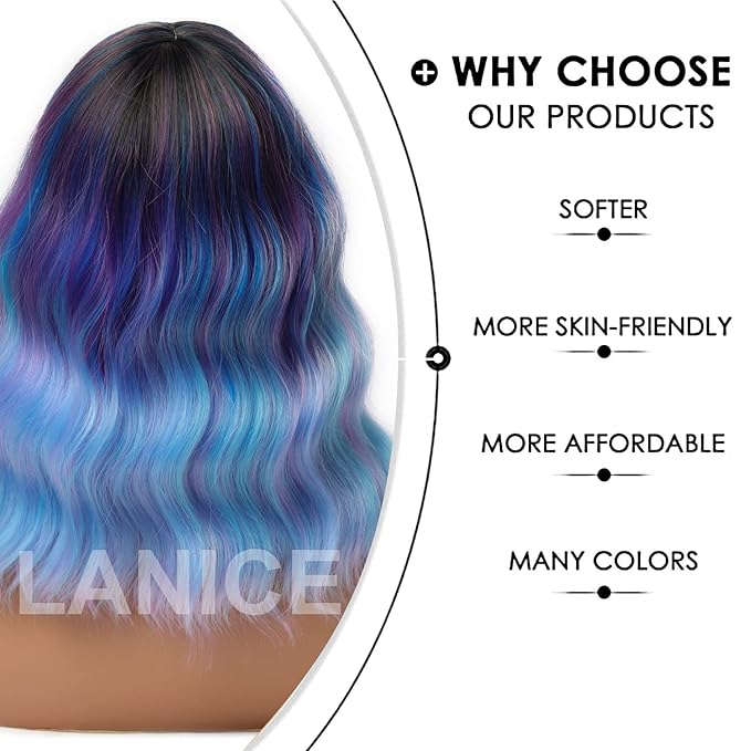 LANICE Short Bob Wigs with Bangs for Women Loose Wavy Hair Shoulder Length Colorful Mixed Wigs Synthetic Colorful Wigs for Cosplay Daily PartyUse(Colorful Mixed,12inch)