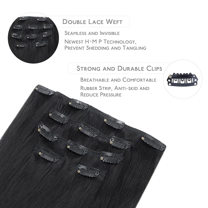 WENNALIFE Clip in Human Hair Extensions 75g 5pcs 14 Inch, Remy Clip in Hair Extensions Real Human Hair Jet Black Virgin Human Hair Clip Ins Extensiones De Cabello Humano Con Clip