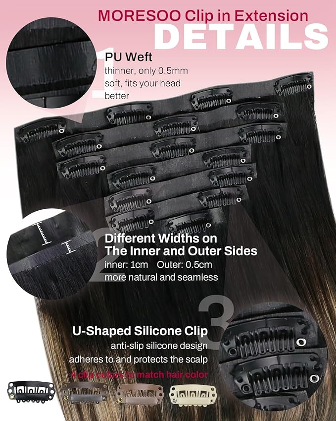 Moresoo Seamless Clip in Hair Extensions Human Hair Balayage PU Real Hair Extensions Clip in Human Hair Ombre Black to Brown Mix Caramel Blonde Full Head 7pcs 120g 18Inch