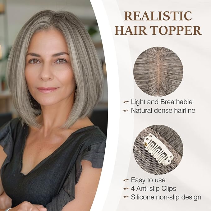Rich Choices Hair Toppers for Women Real Human Hair 100% Human Remy Toppers NO Bangs for Women with Thinning on Top Clip in Hairpiece 4"x4.7"Lace Base 10 Inch Salt and Pepper G2 Sliver