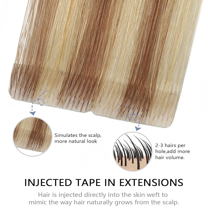 COOKAYU Injected Tape in Hair Extensions,Invisible Tape in Real Human Hair Extensions Gold Brown to Caramel Blonde 20pcs/pack 14Inch 30g Seamless