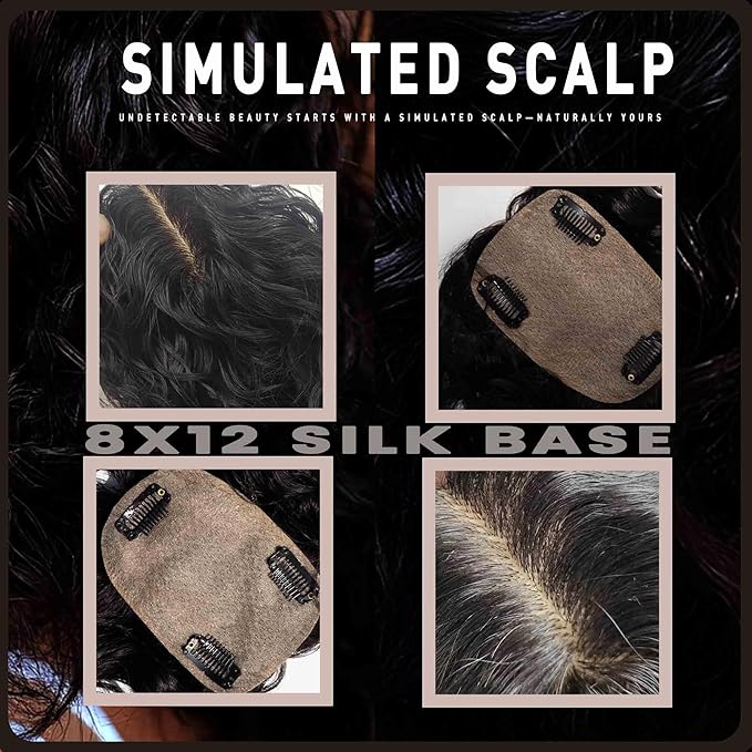 Real Human Hair Topper for Thinning Hair Women Clip in Straight Hairpiece Silk Base Natural Black 12 in