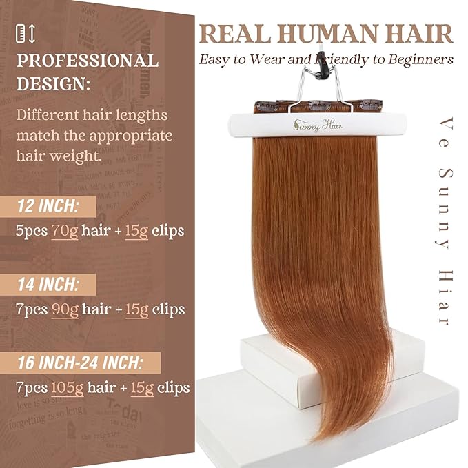 Ve Sunny Human Hair Clip in Extensions Double Weft Ginger Copper Clip on Hair Extensions for Women Short Hair Extensions Real Human Hair 7pcs 14 inch 100g