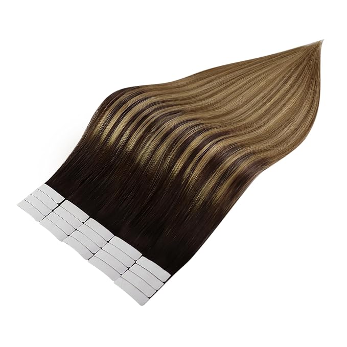 Full Shine Invisible Tape in Hair Extensions 20Inch Color 2/8/27 Brown Roots to Blonde and Brown 20Pcs 50G Balayage Remy Tape Extensions Seamless Skin Weft Real Human Hair Straight for Bridal