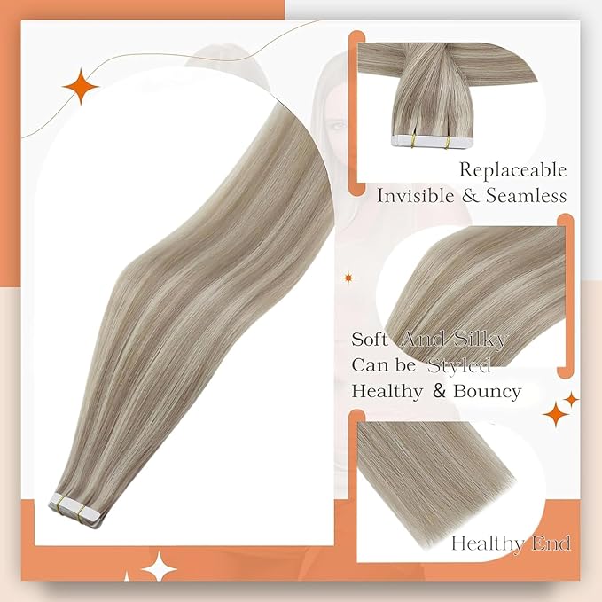 Full Shine Blonde Tape in Hair Extensions 16Inch Tape ins Real Human Hair Extensions Highlight Color 18 Ash Blonde Mix With 613 Seamless Real Human Hair Double Side Tapes Extensions 50G Tape ins 20Pcs