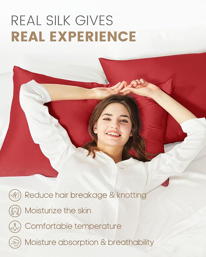 THXSILK Set of 2 100% Pure Mulberry Silk Pillowcase for Hair and Skin, Highest 6A+ Grade Silk Pillow Case Standard Size, Real Silk Pillowcase with Zipper (Red, Standard Size 20"x26")