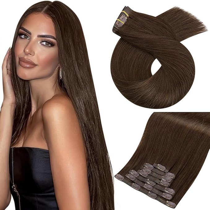 Moresoo Medium Brown Seamless Pu Clip in Hair Extensions Human Hair Brown Straight for Remy Human Hair Clip in Extensions Pure Weft Invisible for Women Daily 120grams 7pcs 18in