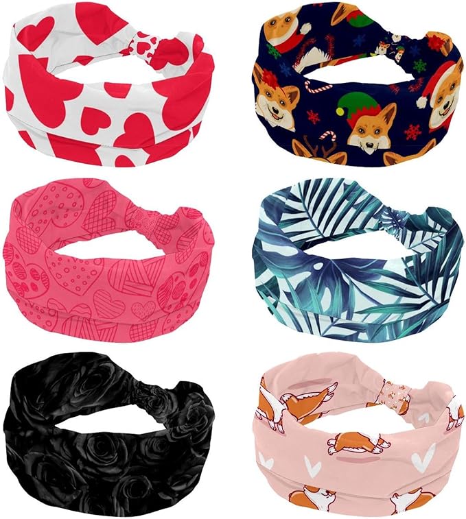 6 Pcs Stretchy Headbands for Women, Absorbed Sport Headband Soft Twist Knotted Headbands for Daily Life Yoga Workout, Dogs Collection Multi Animal