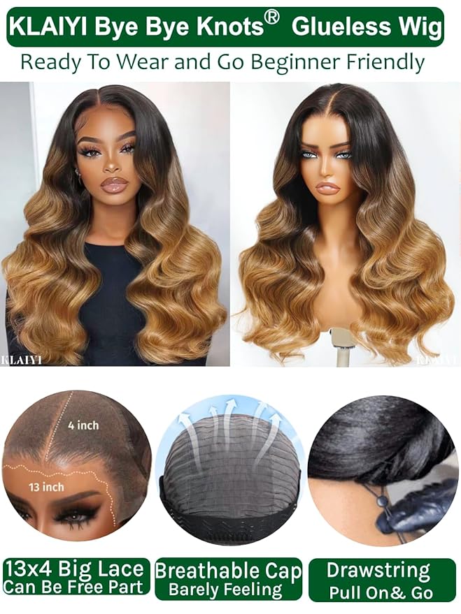 KLAIYI Ombre Highlight Blonde Loose Wave Pre Everything Glueless 13x4 Lace Front Wigs Human Hair Drawstring Balayage Brown Pre Cut Pre Plucked Bleached Ready to Wear and Go Wig with Dark Roots 24Inch