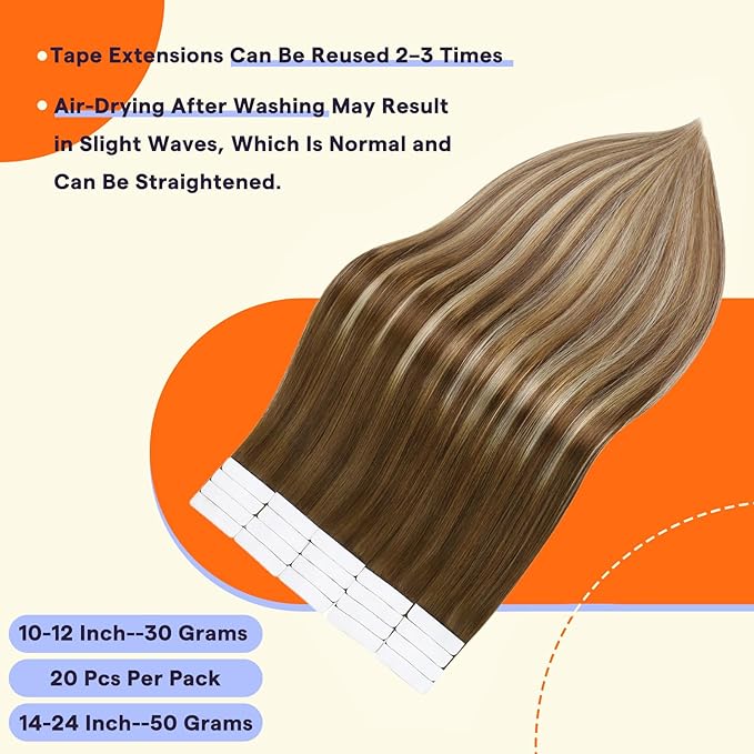 Full Shine Tape in Hair Extensions 30grams Invisible Tape in Hair Extensions Human Hair Color 4/27/60/8 Medium Brown Ombre Blonde And Ash Brown Balayage 12 Inch Remy Short Extensions 20PCS