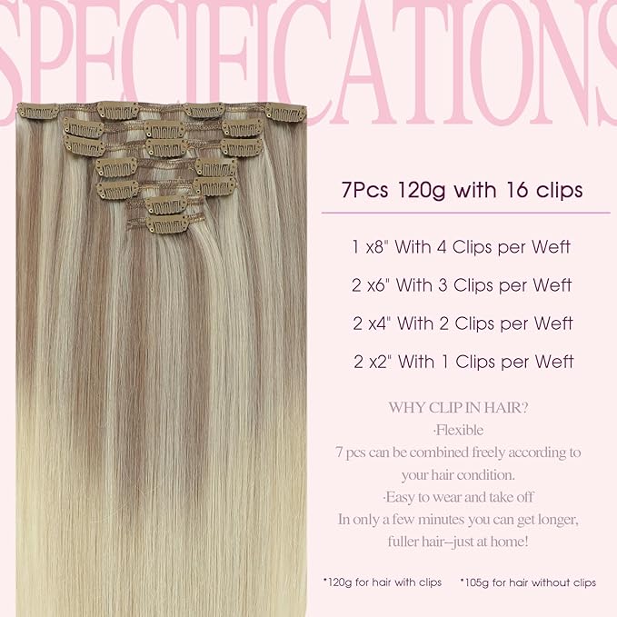 PINKPEARL Clip in Hair Extensions Straight Human Hair #18/22/60 Balayage Ash Blonde to Golden Blonde and Platinum Blonde 7pcs 120g 22 Inch Real Hair Clip in Extensions(#18/22/60-22)