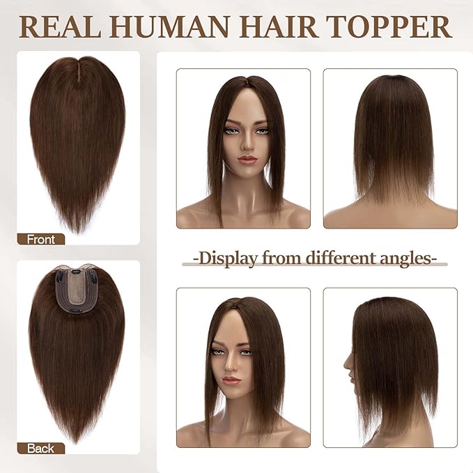 Rich Choices Hair Toppers for Women Real Human Hair 100% Human Remy Toppers NO Bangs for Women with Thinning on Top Clip in Hairpiece 4"x4.7"Lace Base 6 Inch #4 Medium Brown