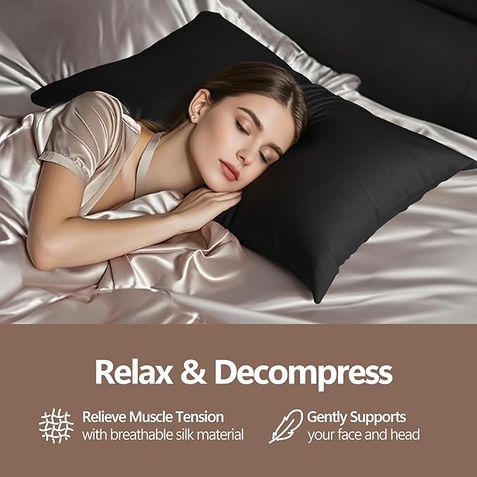 Silk Pillow Cases Queen - 6A Luxury 100% Mulberry Silk Pillowcase for Hair and Skin - Anti-Wrinkle, Cooling & Smooth, Hidden Zipper - Pillowcases for Sleeping Women, Black