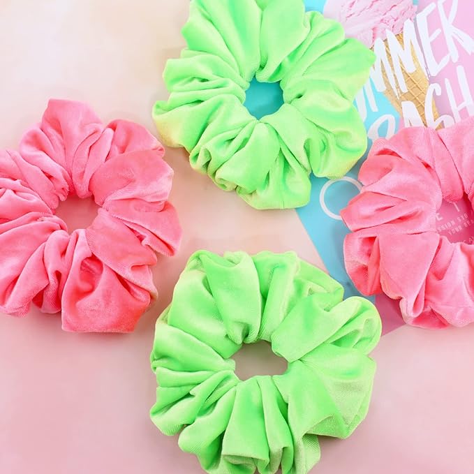 IVARYSS Extra Large Neon Scrunchies for Hair 80s, Premium Velvet Soft Jumbo Scrunchy, XL 6 inch Big Elastic Band Women and Girls Hair Accessories, 4 Pack, Neon