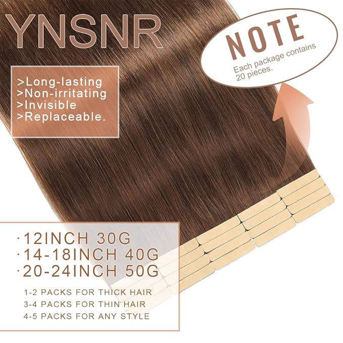 Tape in Hair Extensions Human Hair Chocolate Brown Hair Extensions 18 Inch 20pcs Remy Straight Human Hair Tape in Extensions Skin Weft Tape Extensions Human Hair