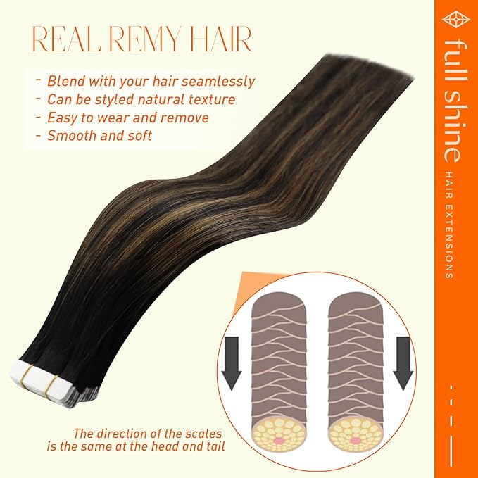 Full Shine Tape in Hair Extensions Human Hair 14 Inch Remy Human Hair Extensions Tape in Color 1B Black to Brown And Black Double Sided Tape in Extensions 50G 20 Pcs for Wedding Add Volume