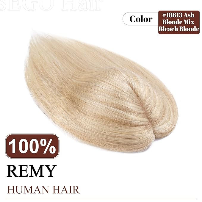 SEGO Real Human Hair Topper for Women, No Bangs Hair Topper with Anti-Slip Clips (14 Inches Ash Blonde Mix Bleach Blonde)