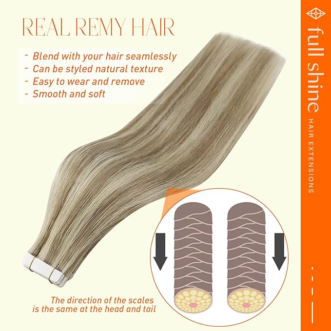 Full Shine Tape in Hair Extensions Golden Blonde Highlighted Medium Blonde 14 Inch Tape in Human Hair Extensions 50 Gram 20pcs Seamless Remy Straight Hair Real Natural Add Volume Double Sided Tape