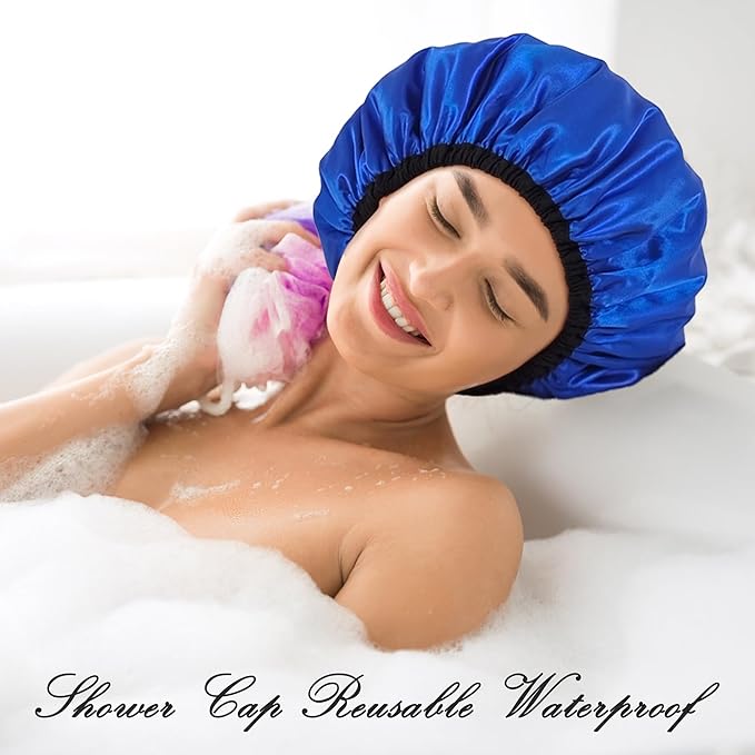 Shower Cap for Women, Large Shower Caps Reusable Waterproof with Elastic Band, Silky Satin Double-layer Bath Cap for Braids Long Hair