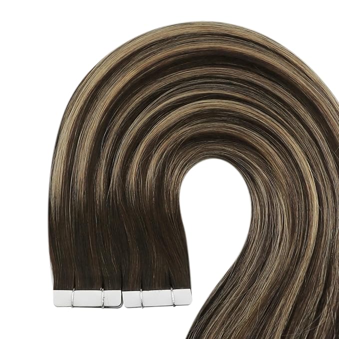 YoungSee Tape in Hair Extensions Real Human Hair Brown Balayage Tape in Hair Extensions Ombre Dark Brown to Caramel Blonde Human Hair Tape-in Extension Seamless 14In 20pcs 50g for Wedding
