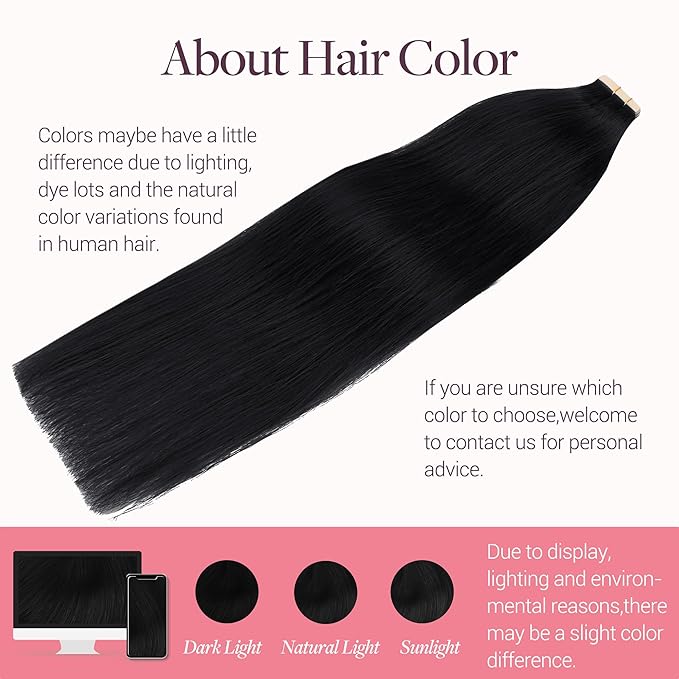 GOO GOO Tape in Hair Extensions Human Hair, 1 Jet black, 18inch 50g 20pcs, Skin Weft Seamless Invisible, Silky Straight with Thick Ends, Remy Human Hair