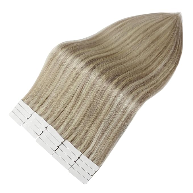 Full Shine Blonde Tape in Hair Extensions Human Hair Color 18 Ash Blonde And 613 Hair Extensions Tape in 16 Inch Straight Invisible Skin Weft 50Gram 20Pcs Seamless Tape ins Extensions for Party